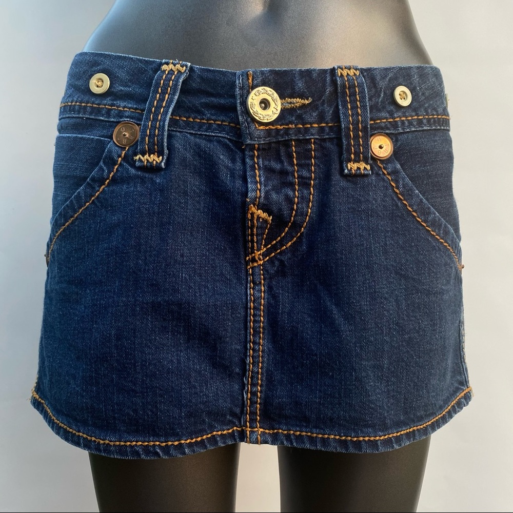 True Religion Dark Blue Denim Mini Skirt with Contrast Stitching